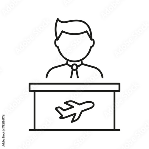 Airline Customer Service Representative Line Icon. Airport Check-In, Ticketing, And Passenger Assistance Outline Symbol. Travel Support. Editable Stroke. Isolated Vector Illustration