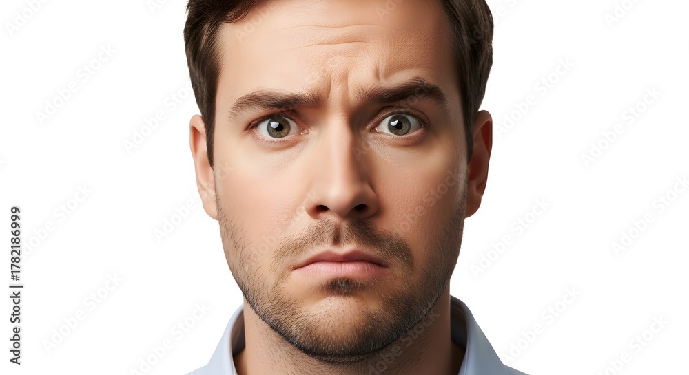 Obraz premium Close-up of a man showing confusion, raised eyebrows, white background