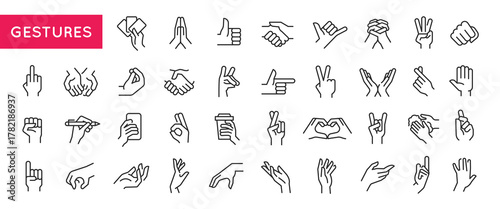 Gestures icons. Large set of gestures trendy minimal icons. Handshake, Thumb, Peace, Fist, Point, Heart, Palm icon. Design signs for web page, mobile app, packaging design. Vector illustration