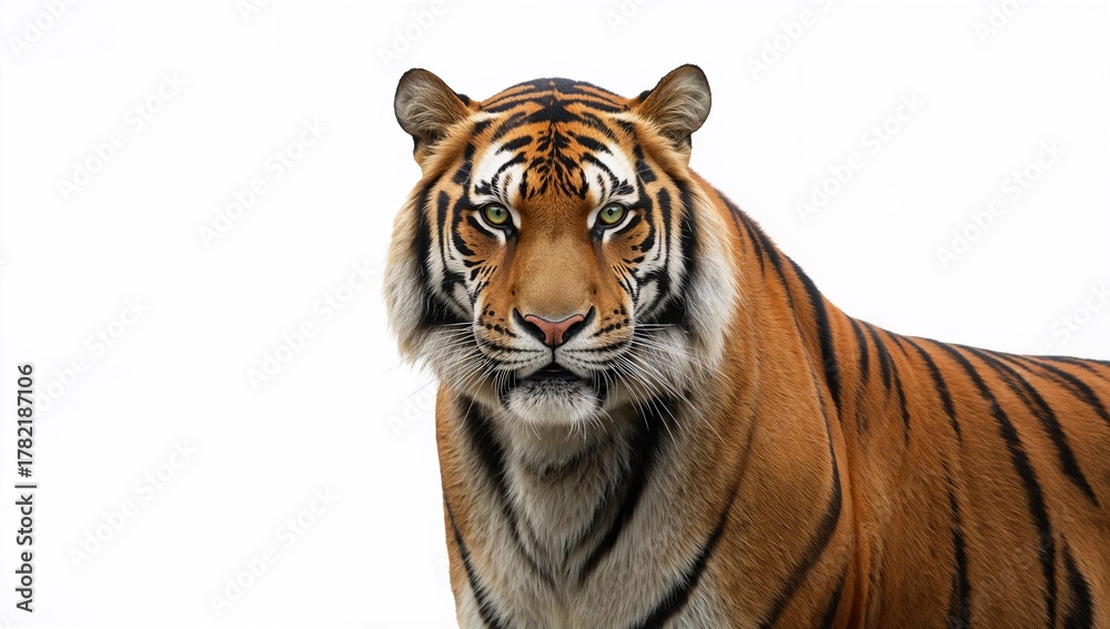 Obraz premium A powerful tiger on a white backdrop, emphasizing its strength and fierce expression