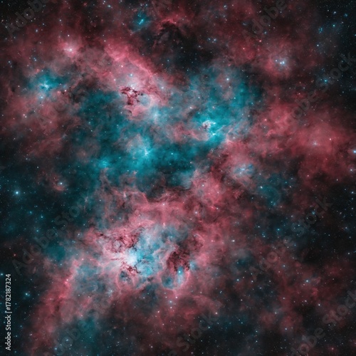 Emission nebula in space with red and blue hydrogen and oxygen clouds