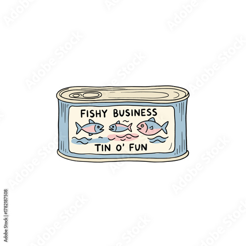 Fishy Business Tin Of Fun. Cartoon Sardine Can Doodle. Cute Hand Drawn Fish Tin. Retro Funny Food Packaging. Quirky Canned Seafood Art
