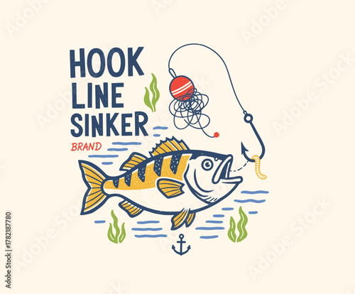 Retro Fish Angling Badge. Hook Line Sinker T-shirt Print. Vintage Fishing Label Design. Perch with Worm Bait Illustration. Outdoors Sport Angler Emble