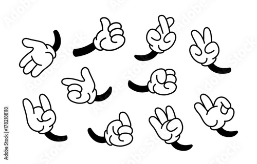 Cartoon hand gesture elements. Set of 10 retro cartoon glove hand signs. Great for sticker design, streetwear, comics, and character illustration. Vector illustration