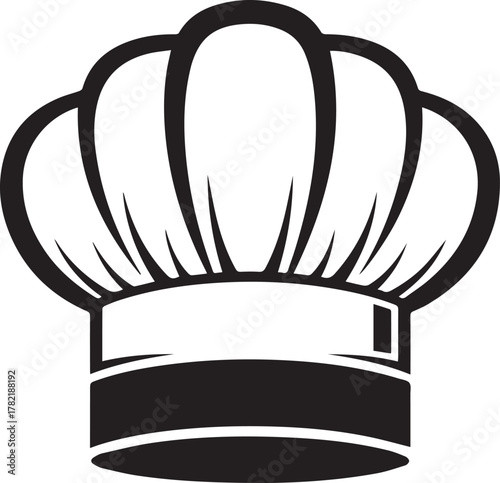 Classic black and white illustration of a tall chef s hat with pleated fabric and a dark band symbolizing culinary expertise and professional cooking