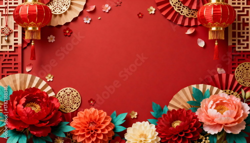 Fototapeta Naklejka Na Ścianę i Meble -  Lunar New Year Background with Traditional Decorations and Blooming Peonies