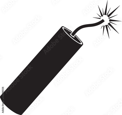 Black silhouette of a classic dynamite stick with a lit fuse sparking and ready to explode against a stark white background