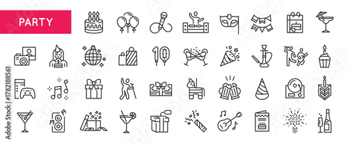 Party icons. Large set of party trendy minimal icons. Cake, Balloon, Gift, Drink, Music, Mask, Firework icon. Design signs for web page, mobile app, packaging design. Vector illustration