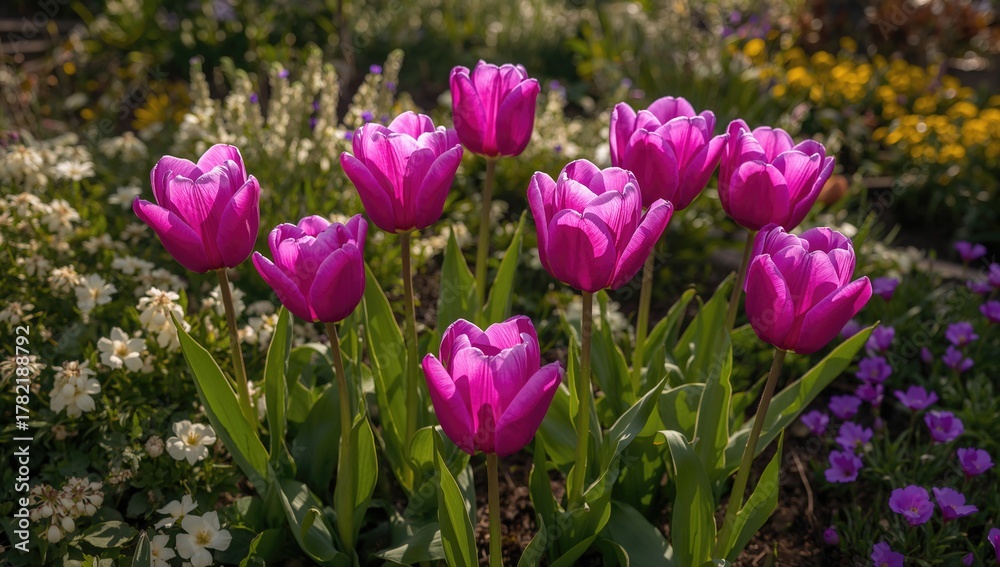 Obraz premium Vibrant purple tulips blooming during springtime, symbolizing seasonal change