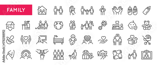 Family icons. Large set of family trendy minimal icons. Parent, Baby, Home, Heart, Diaper, Crib, Gift icon. Design signs for web page, mobile app, packaging design. Vector illustration