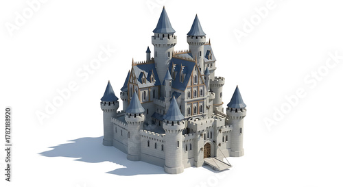 A detailed rendering of a grand castle with multiple towers and a drawbridge on a white background