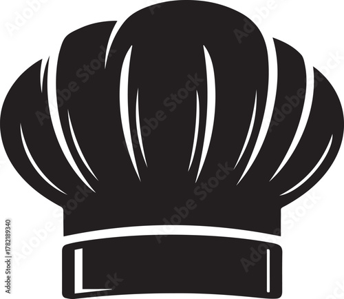 Classic black silhouette of a tall chef s toque hat with pleats and a band symbolizing culinary arts and professional cooking