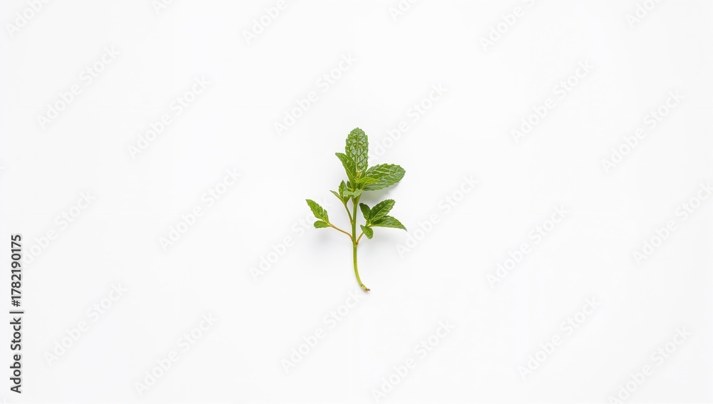 Obraz premium A single mint leaf placed on a plain white background, ideal for culinary presentation