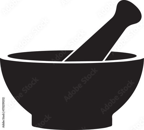 Simple black silhouette of a traditional mortar and pestle a classic tool for grinding and crushing ingredients isolated on a white background