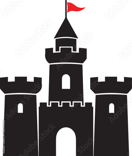 Simple black silhouette of a medieval castle with crenellated towers and a red flag flying from the tallest turret against a white background