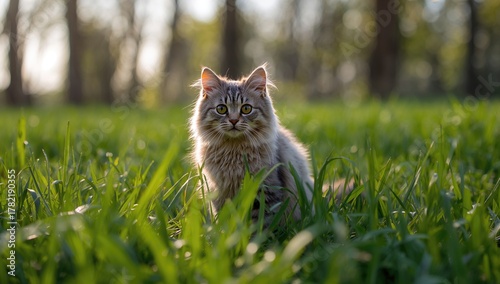 A cat resting on vibrant green grass, showcasing wildlife, summer season
