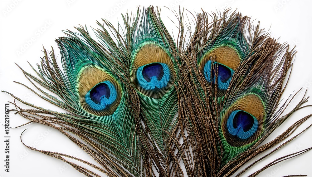 Fototapeta premium Colorful peacock plumes against a plain white backdrop at a festive event