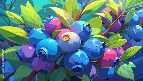 Very beautiful close-up view of wild Maine blueberries nestled among fresh green leaves, featuring rich vibrant colors, soft daylight, and a serene realistic nature scene showcasing natural abundance.