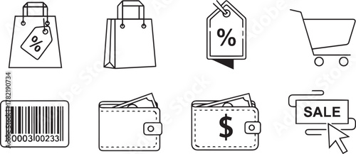 Shopping and Retail Icons Set in Outline Style. Sale, Discount, Money, Cart, Barcode