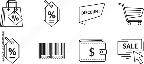 Set of outline shopping icons, retail and e-commerce concept vector illustration.