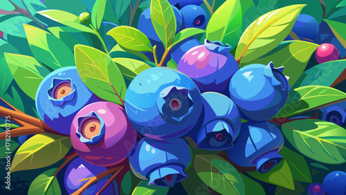 Very beautiful close-up view of wild Maine blueberries nestled among fresh green leaves, featuring rich vibrant colors, soft daylight, and a serene realistic nature scene showcasing natural abundance.