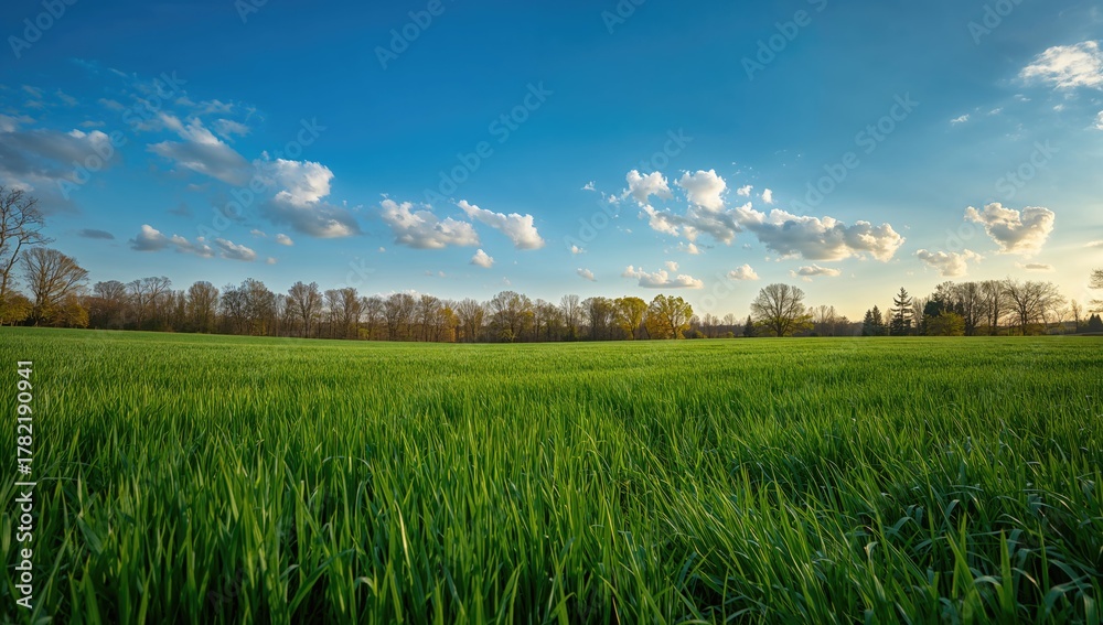 Fototapeta premium Scenic outdoor landscape with grassy meadow and clear sky in spring