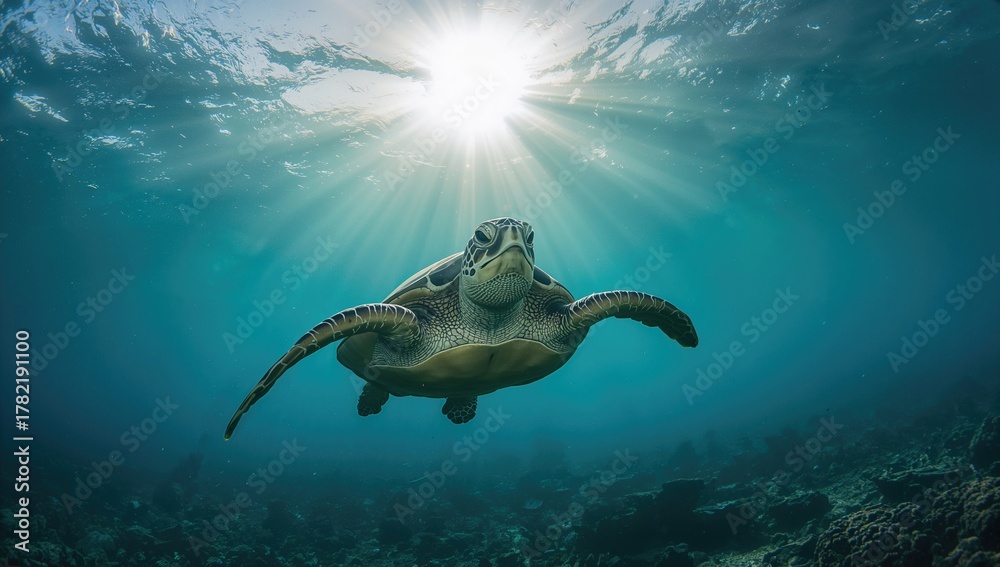 Obraz premium Green turtle illuminated by sunlight in its underwater habitat, showcasing marine life preservation