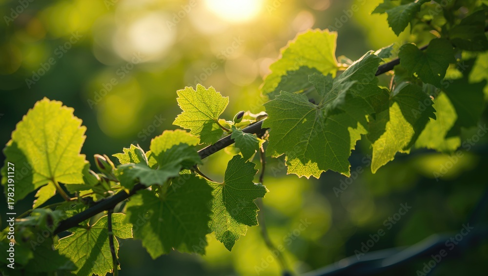 Fototapeta premium A closeup of vibrant green vine leaves with delicate buds in early summer, showcasing growth and vitality