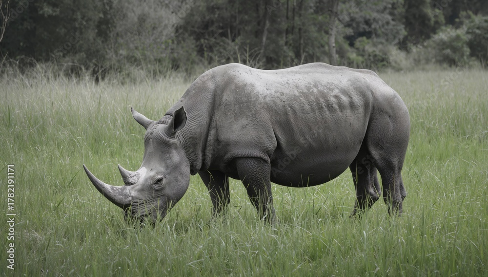 Naklejka premium An Indian one-horned rhinoceros feeding on grass in a wildlife sanctuary, highlighting habitat preservation