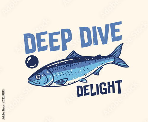 Deep Dive Delight Fish Art. Retro Ocean Seafood Print. Vintage Mackerel Illustration. Fishing T-shirt Vector Badge. Hand Drawn Sea Life Design