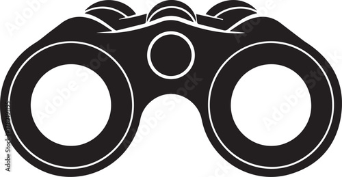 A stark black silhouette of a pair of binoculars viewed from the front symbolizing observation exploration and discovery against a clean white background