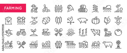 Farming icons. Large set of farming trendy minimal icons. Tractor, Cow, Corn, Barn, Plant, Pig, Chicken icon. Design signs for web page, mobile app, packaging design. Vector illustration