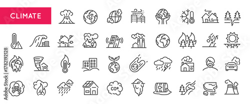 Climate icons. Large set of climate trendy minimal icons. Earth, Storm, Fire, Ice, Tree, Volcano, Rain icon. Design signs for web page, mobile app, packaging design. Vector illustration