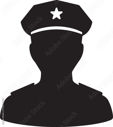 Silhouette of a police officer wearing a cap with a star emblem and a uniform with epaulets against a white background representing law enforcement and authority