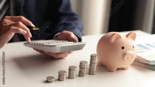 Businessman using a calculator with a piggy bank, stacks of coins, and US dollar bills on a table. Concept of saving money and financial planning.