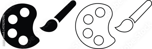 Painting brush and palette icons set, art tool collection, creative equipment group, black flat and line style vector illustration, artist drawing symbol collection isolated on transparent background