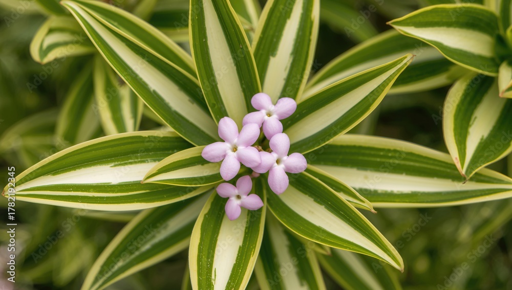 Obraz premium Close-up of a delicate plant with green and yellow striped leaves and light pink flowers, showcasing a vibrant and refreshing appearance