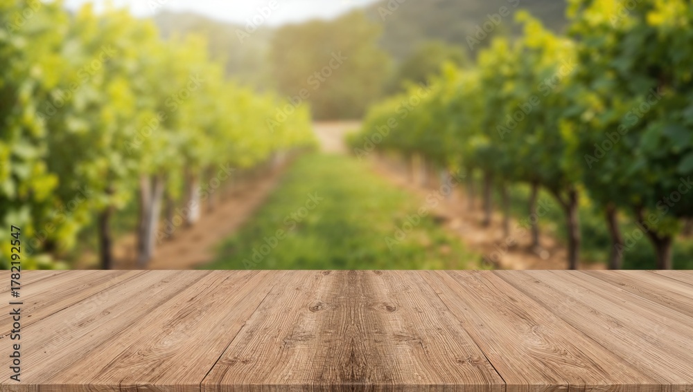 Fototapeta premium Empty brown wooden table with blurred vineyard backdrop, ideal for product montages