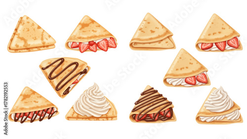 A watercolor illustration set of sweet French crepes folded into triangles with chocolate, cream, and fresh strawberry toppings.