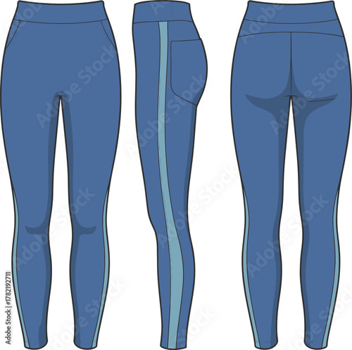 Athletic leggings front side back view, blue stripe design, cad drawing flat vector illustration