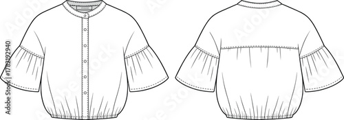Blouse technical flat sketch, puff sleeve button front top, gathered hem design, CAD drawing flat vector illustration