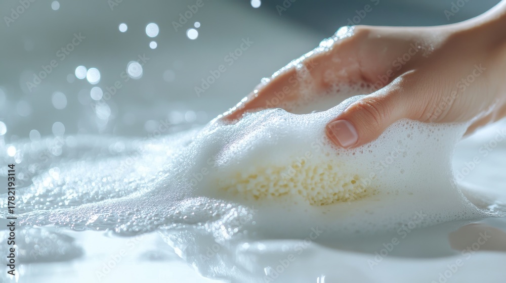 Fototapeta premium A hand gently washes a surface with a sponge, creating a rich lather of white foam and bubbles in a closeup shot with soft lighting