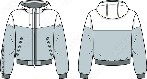 Cad drawing flat vector illustration, hooded jacket technical sketch, fashion apparel design, color block outerwear