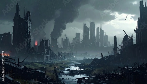 Ruined cityscape with smoke and debris, suggesting destruction amid rainy, overcast conditions