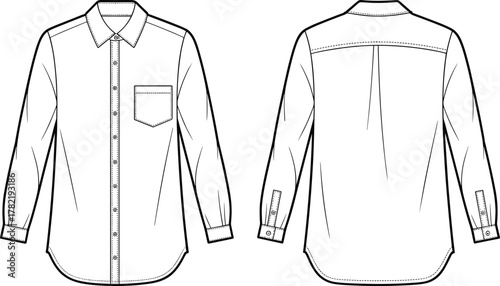 CAD drawing flat vector illustration, long sleeve shirt technical sketch, fashion design apparel template front back