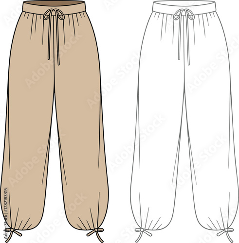 Cad drawing flat vector illustration, technical cargo jogger pants sketch front and back view with pocket details