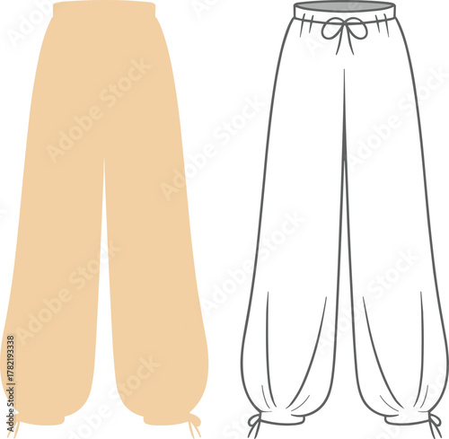 Cad drawing flat vector illustration, technical drawstring pants sketch front and back view with adjustable hem design