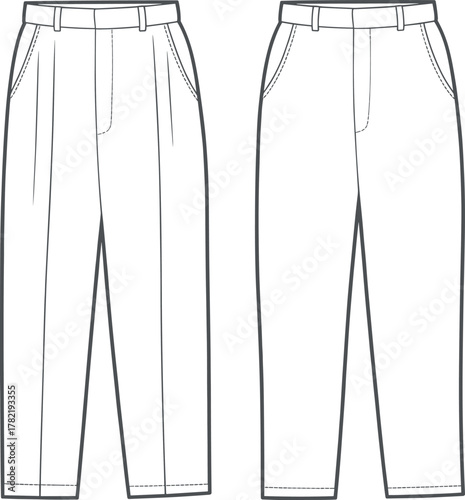 CAD drawing flat vector illustration, technical fashion trousers design, pleated pants, flat front tailored clothing