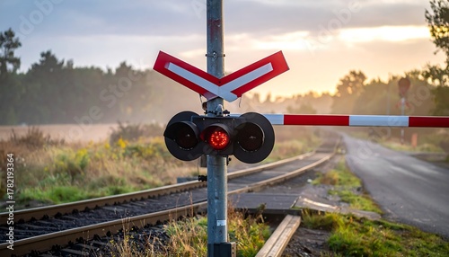Rural rail crossing signal with flashing light and barricade, golden light backdrop, track receding into distance