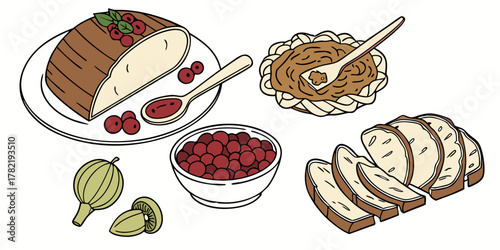 Still life illustration featuring various desserts and fruits on a white background